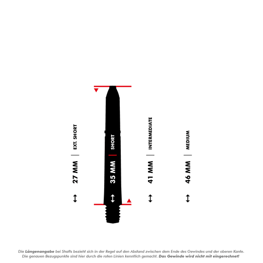 7011_001_Winmau_Pro-Force_Shafts_4Var_5_35mmZMnhGsROX6rCz Das Bild zeigt eine Übersicht der Längen verschiedener Winmau Pro-Force Shafts in Weiß. Es sind die Größen Extra Short (27 mm), Short (35 mm), Intermediate (41 mm) und Medium (46 mm) dargestellt.