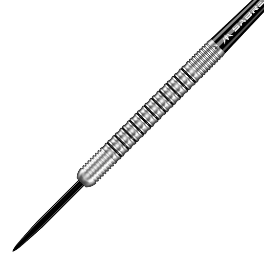 Missione Dominik Grüllich Steeldarts Dieses Bild zeigt einen Mission Dominik Grüllich Steeldart mit einem Gewicht von 23,5 Gramm. Der Dart ist aus silberfarbenem Metall und hat ein geriffeltes Griffstück.
