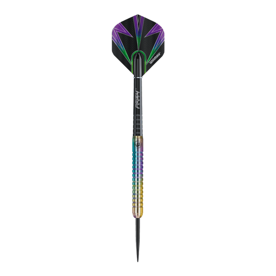 Freccette in acciaio Winmau Foxfire Urban Das Bild zeigt einen Winmau Foxfire Urban Steeldart mit buntem Schaft und moderner Optik. Die Flight ist schwarz mit lila und grünen Akzenten gestaltet.