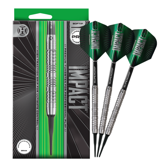 Auf dem Bild sind die Harrows Impact Softdarts komplett abgebildet. Das gesamte Produkt wird dargestellt.