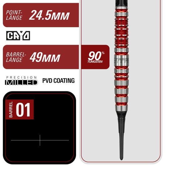Freccette morbide Target Black Marque Spinel - 21,5 g Zu sehen sind die Target Black Marque Spinel Softdarts mit 21,5g Gewicht. Perfekt geeignet für anspruchsvolle Dartspieler.