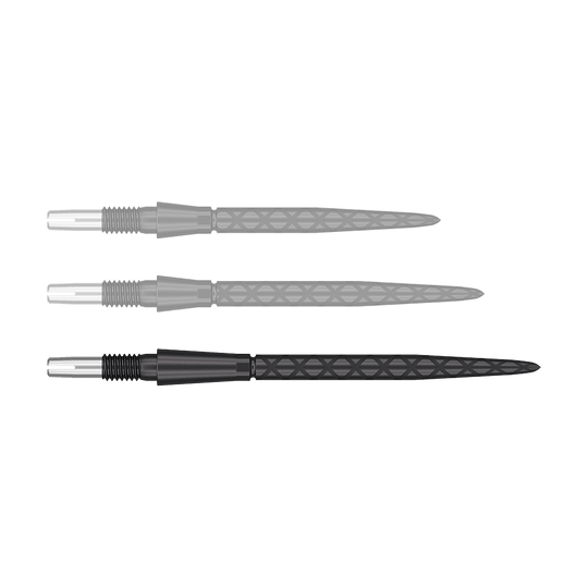 Punte per freccette Target Swiss Storm Diamond Point - Nere Auf dem Bild sind drei schwarze Dartspitzen mit diamantförmigem Muster zu sehen. Sie liegen parallel nebeneinander auf weißem Hintergrund.