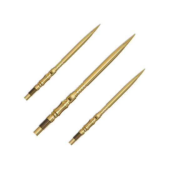 Punte per freccette Harrows Quick Point Axis Elite Series - Oro Ein Set von mehreren goldfarbenen Dartspitzen liegt nebeneinander. Die Spitzen sind gut sortiert und übersichtlich angeordnet.