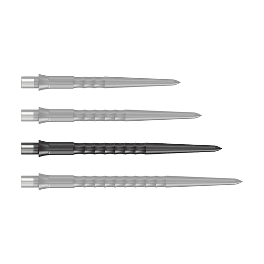 Punte Caliburn System Steeldart - Ripple - NoLip - Nere Zu sehen ist eine schwarze Steeldartspitze mit Ripple NoLip Design, 36 mm Länge. Das Produkt ist Teil des Caliburn Evo Systems.