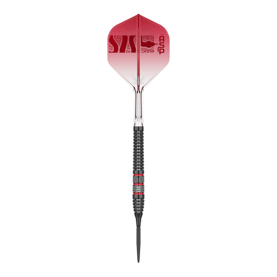 Freccette in acciaio Target Nathan Aspinall 95K Swiss Point Foto von Target Nathan Aspinall 95K Swiss Point Steeldarts. Die Steeldarts sind aus einer bestimmten Perspektive zu sehen.