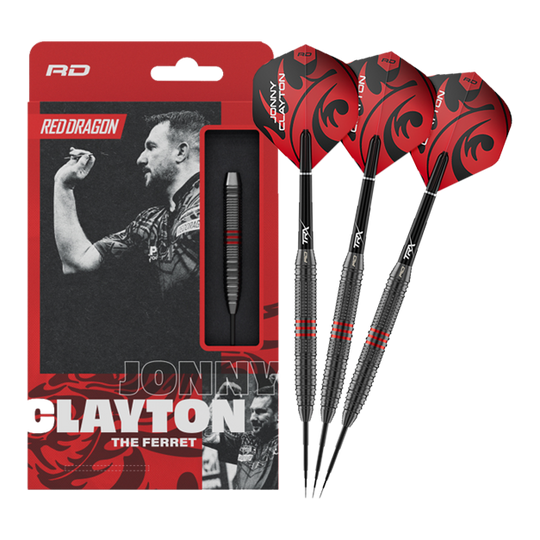 Freccette in acciaio Red Dragon Jonny Clayton Core Brass - 21 g Dieses Bild zeigt die Red Dragon Jonny Clayton Core Brass Steeldarts - 21g in voller Länge. Die Darts haben goldene Rillen und rote sowie schwarze Details am Flight.