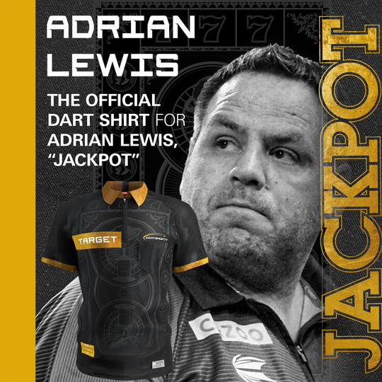 Maglietta da freccette Target Adrian Lewis 2026 Das Bild zeigt das Target Adrian Lewis Dartshirt 2026. Dieses Shirt ist für Darts-Fans und Sammler konzipiert.