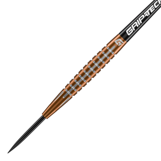 Freccette in acciaio al tungsteno GOAT Quarterback V1 Das Bild zeigt einen GOAT Quarterback V1 Tungsten Steeldart. Der Dart hat einen goldenen, geriffelten Schaft und eine schwarze Spitze.