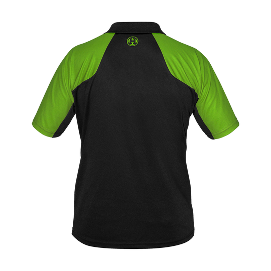 17492-Harrows-Vivid-Dartshirt-Black-Green-2 Harrows Vivid Dartshirt Black/Green ist aufgelegt und zeigt das Brust-Logo. Das Shirt ist sportlich gestaltet.