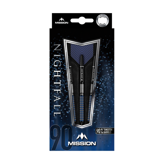 Dardi in acciaio Mission Nightfall Model 1 Das Bild zeigt die Verpackung der "Mission Nightfall Model 1 Steeldarts". Die Darts bestehen zu 90 % aus Tungsten und sind elegant in einer blau-schwarzen Schachtel präsentiert.