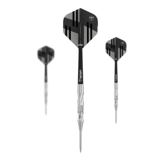 Bulls Tac T1 Steeldarts Das Bild zeigt drei Bulls Tac T1 Steeldarts mit silbernen Spitzen und schwarzem Flight. Die Flights haben ein modernes, schwarz-graues Streifendesign.