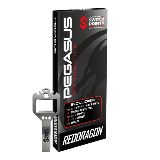 Dardi in acciaio Red Dragon Pegasus Switch Point Das Bild zeigt die Red Dragon Pegasus Switch Point Steeldarts. Die Pfeile sind hochwertig verarbeitet und ideal für Turniere geeignet.