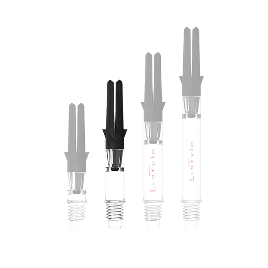 L-L-Style-Shaft Carbon Silent Straight - Trasparente Abbildung mit dem Namen L-Style L-Shaft Carbon Silent Straight Clear OhneKappen 32mm 1. Es handelt sich wahrscheinlich um einen Schaft für Dartpfeile.