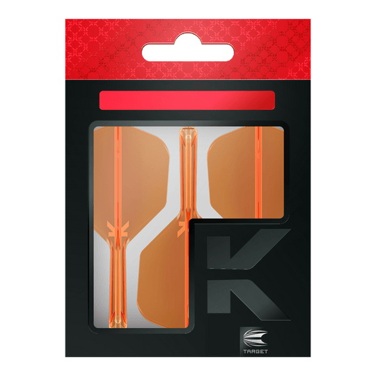 Target K-Flex No6 Flight System - Arancione Neon Die Verpackung zeigt drei neonorange Dart-Flights der Marke Target. Das Design ist modern mit einem schwarz-roten Hintergrund und einem großen "K" auf der Vorderseite.