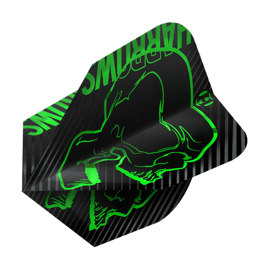 Voli Harrows Rage Green No6 Das Bild zeigt das Produkt "Harrows Rage Green No6 Flights". Die Dart-Flights sind schwarz mit grünen, auffälligen Grafiken und Schriftzügen gestaltet.