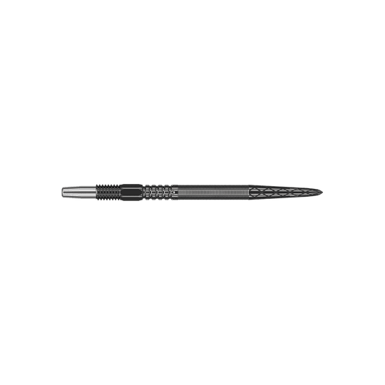 340053_Target_Swiss_Point_DX_Black_Dartspitzen_30mm_2 Das Bild zeigt eine schwarze Dartspitze mit feinen Rillen und einem gezackten Muster. Sie ist schmal und wirkt wie für präzises Werfen entworfen.