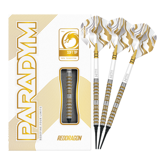 Freccette morbide parallele Red Dragon Paradym Gold - 20 g Das Bild zeigt die Red Dragon Paradym Gold Parallel Softdarts - 20g in voller Länge. Die goldfarbenen Darts wirken hochwertig und professionell.