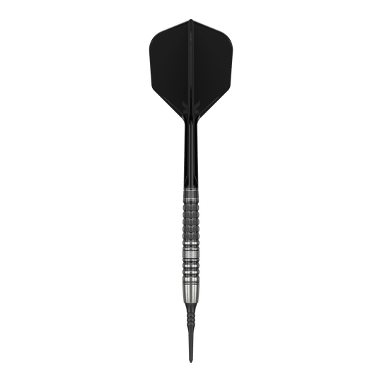 Target Japan Black Marque Lumiere GEN3 Freccette morbide - 18,5 g Das Bild zeigt einen Softdart mit schwarzer Spitze, schwarzem Shaft und Flight sowie einem silbernen, strukturierten Barrel. Es handelt sich um den "Target Japan Black Marque Lumiere GEN3 Softdarts - 18,5g".