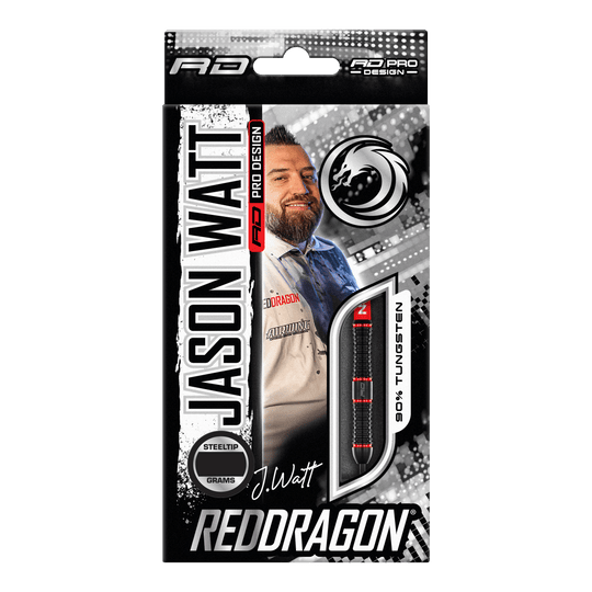 Freccette in acciaio Red Dragon Jason Watt - 22 g Die Abbildung zeigt die Verpackung der "Red Dragon Jason Watt Steeldarts - 22g". Auf der Vorderseite sind ein Bild von Jason Watt, der Dartpfeil und das Red Dragon-Logo zu sehen.