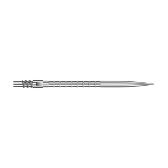 Das Bild zeigt eine silberne Dartspitze mit Heavy Metal Grip, 40 mm lang. Die Spitze liegt auf weißem Hintergrund.