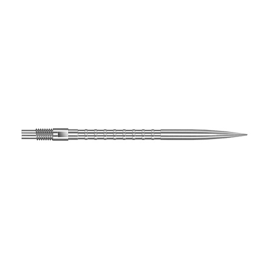 Punte per freccette Harrows Quick Point Heavy Metal - Argento Das Bild zeigt eine silberne Dartspitze mit Heavy Metal Grip, 40 mm lang. Die Spitze liegt auf weißem Hintergrund.