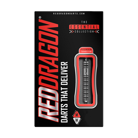 RD1892-RedDragon-Dragonfly-3-Steeldarts-3 Auf dem Bild ist eine Verpackung für Darts der Marke RedDragon zu sehen. In der Mitte der Verpackung befindet sich ein Dartpfeil, und der Schriftzug "DARTS THAT DELIVER" ist deutlich lesbar.