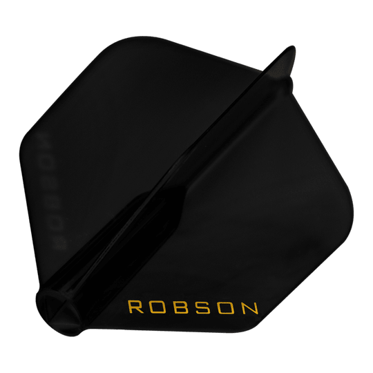 Voli Robson Plus - Standard Das Bild zeigt einen schwarzen Dart-Flügel mit der Aufschrift "ROBSON" in gelber Farbe. Der Flügel hat eine standardmäßige, fünfeckige Form.