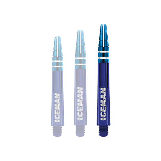 C812_Red_Dragon_Nitrotech_Gerwyn_Price_Blue_Shafts_48mm_1lT6yBjcDxLN9p Das Bild zeigt drei blaue Dartschäfte mit silbernen Akzenten. Auf den Schäften steht in weißen Buchstaben das Wort "ICEMAN".