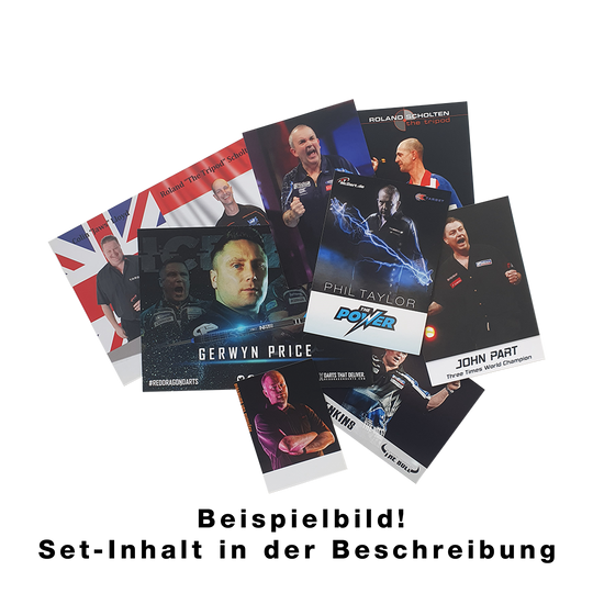 Set di carte giocatore con autografo Das Bild zeigt ein Set von Spielerkarten mit bekannten Dartspielern. Auf den Karten sind Fotos und Namen der Spieler abgebildet.