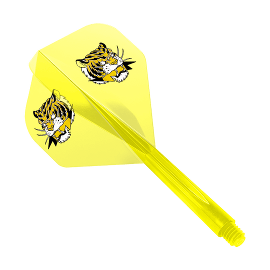 Condor AX Inazuma Tiger Mix Flight System Giallo Trasparente - Standard Das Bild zeigt einen gelben Dart-Flight mit zwei Tigerköpfen als Motiv. Das Produkt ist das "Condor AXE Inazuma Tiger Mix Flight-System Yellow Clear - Standard".