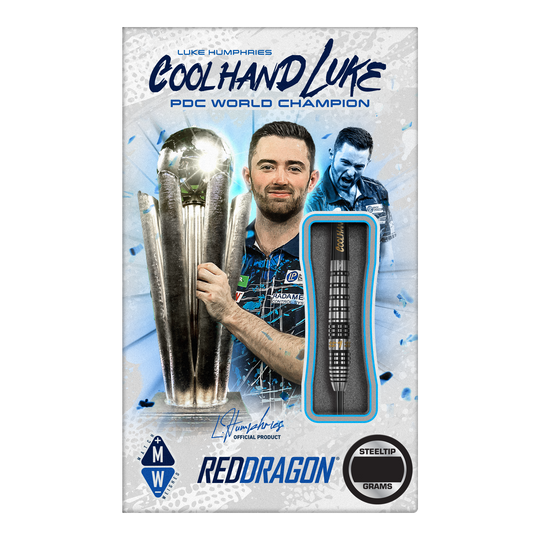 Freccette in acciaio Prestige Red Dragon Luke Humphries Das Bild zeigt das Produkt "Red Dragon Luke Humphries Prestige Steeldarts". Auf der Verpackung ist Luke Humphries mit einem Pokal und einem Steeldart abgebildet.