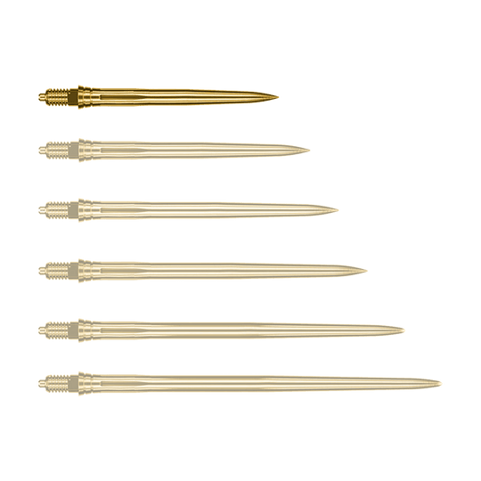 Punte per freccette Caliburn EZ-EVO - Lisce - Oro Auf dem Bild ist eine einzelne goldene Dartspitze zu sehen, vermutlich 28mm lang. Es handelt sich um eine Caliburn EZ-EVO Dartspitze der Variante Smooth.