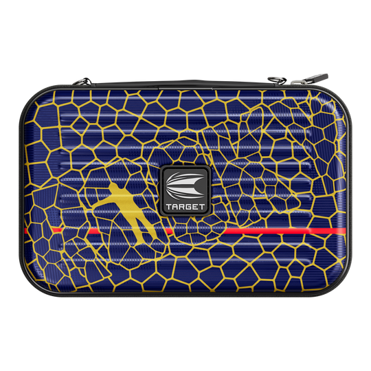 Custodia per freccette Target Takoma Josh Rock XL Das Bild zeigt ein Dartcase mit dem Namen "Target Takoma Josh Rock XL Dartcase". Das Etui ist dunkelblau mit einem gelben Wabenmuster und hat in der Mitte ein Target-Logo.