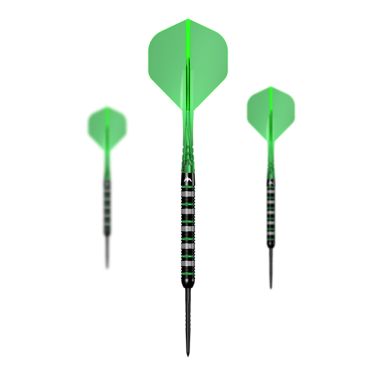 Freccette Mission Moldavite Steel - 23 g Auf diesem Bild ist ein Set der Mission Moldavite Steeldarts - 23g zu sehen. Das Set besteht aus mehreren Dartpfeilen.