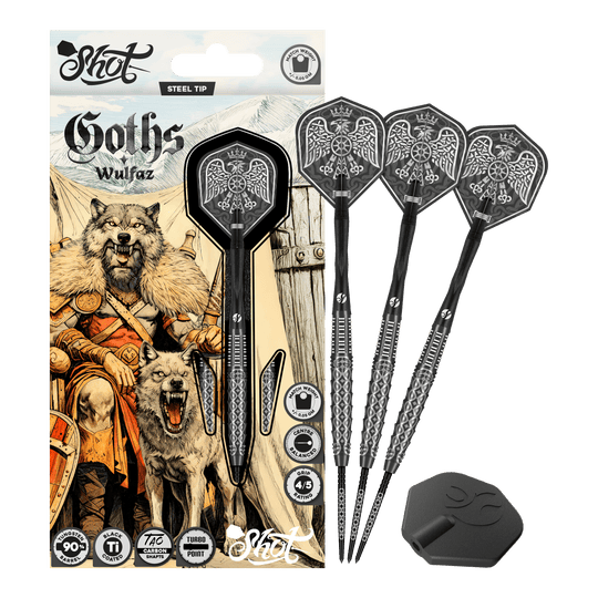 Freccette in acciaio Shot Goths Wulfaz Turbo Point - 23 g Auf diesem Bild sieht man die Shot Goths Wulfaz Turbo Point Steeldarts - 23g in voller Ansicht. Das Design ist auffällig und für Dart-Fans interessant.