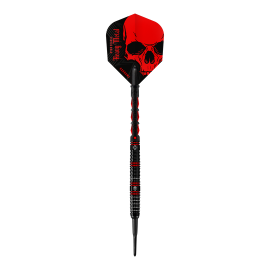 Freccette morbide Heavy Metal di Ryan Searle di Harrow Der abgebildete Dartpfeil ist der „Harrows Ryan Searle Heavy Metal Softdart“. Er hat ein auffälliges schwarzes Design mit roten Elementen und einem Totenkopf auf dem Flight.