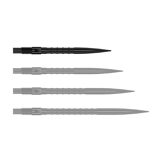 Punte per freccette Harrows Quick Point Heavy Metal - Nere Das Bild stellt QP33164 Harrows Quick Point HeavyMetalGrip Dartspitzen Schwarz 26mm dar. Diese Dartspitzen sind schwarz und besitzen einen starken Metallgriff.