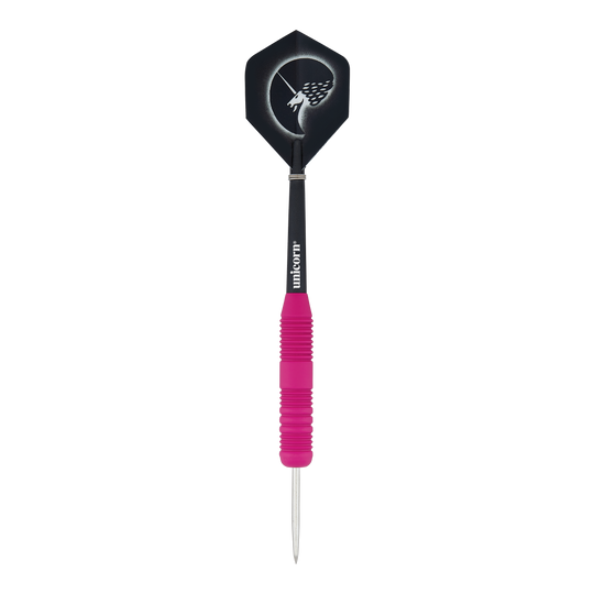 Freccette in acciaio rosa gommate Unicorn Core Plus Dies ist ein Steeldart mit einer pinken, gummierten Griffzone. Das Flight zeigt ein Einhorn-Design auf schwarzem Hintergrund.