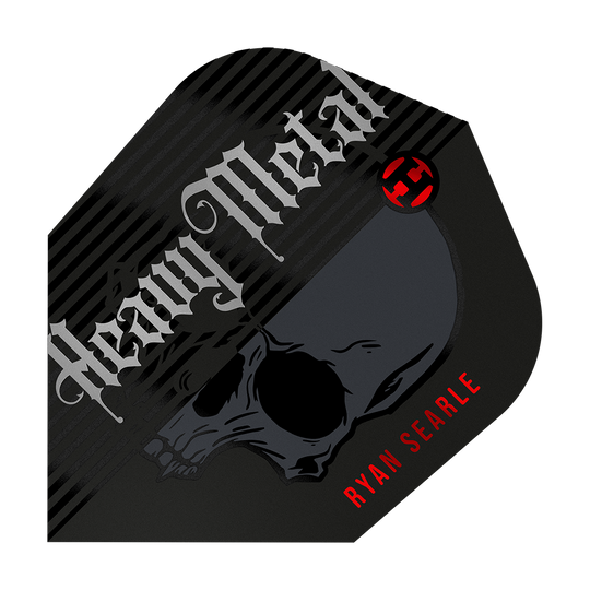 Serie Heavy Metal 2 di Ryan Searle di Harrow Das Bild zeigt ein Dart-Flight mit dem Aufdruck "Heavy Metal" und einem Totenkopf-Design. Unten rechts steht in roten Buchstaben der Name "Ryan Searle".