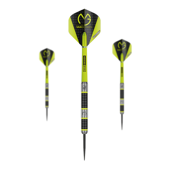 Freccette in acciaio Michael Van Gerwen MvG Aspire Das Bild zeigt drei Winmau Michael Van Gerwen MvG Aspire Steeldarts. Die Darts sind schwarz-gelb gestaltet und tragen das MvG-Logo auf den Flights.