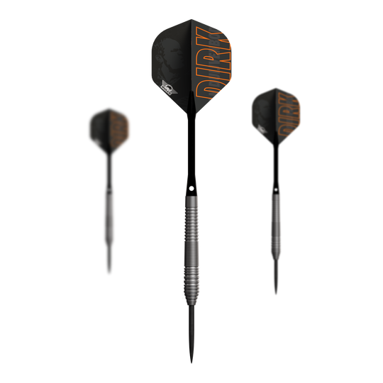 Das Bild zeigt drei Steeldarts des Modells "Bulls NL Dirk Van Duijvenbode 80". Die Darts haben schwarze Flights mit dem Schriftzug "DIRK" in orange und silberne, gerillte Griffe.