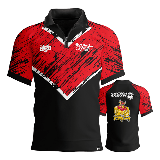Camicia polo a righe rosse con freccette di Michael Smith Abgebildet wird das Shot Michael Smith Red Strip Polo Dartshirt. Dieses Polo ist ideal für Dartspieler und Fans.