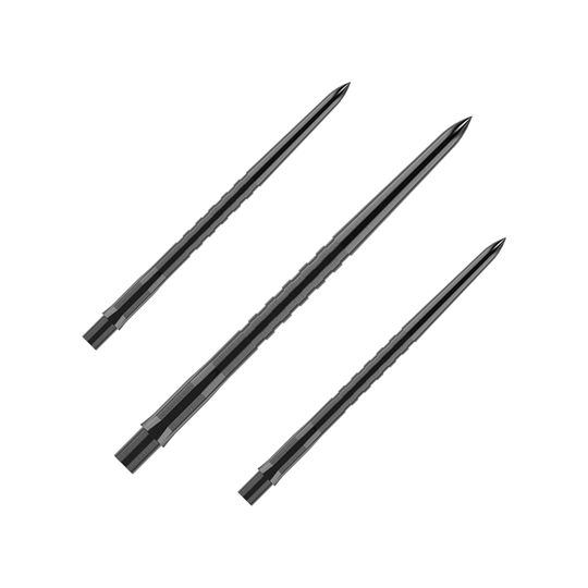 Punte per freccette Mission Caliburn EVO - Scanalate - Nere Auf dem Bild sind drei schwarze, gerillte Steel-Dartspitzen zu sehen. Sie liegen nebeneinander auf einem einfarbigen Hintergrund.