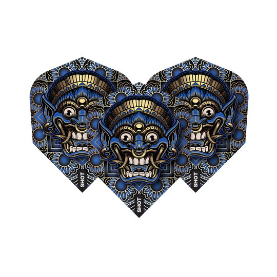 Colpo di arma tribale Java No6 Voli Das Bild zeigt drei Dartflights mit einem auffälligen, tribal-inspirierten Maskendesign in Blau, Schwarz und Gold. Auf jedem Flight steht am Rand das Wort „SHOT“.