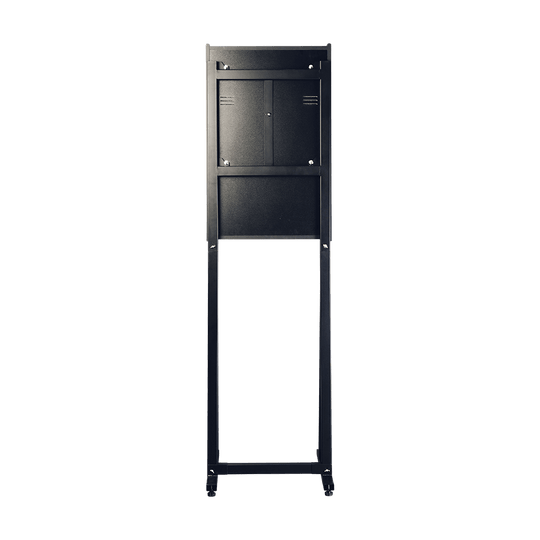 Karella_E-Master_Dartautomat_Standfuss_Ohne_M-nzeinwurf_2 Das Bild zeigt den Karella E-MASTER Dartautomaten ohne Münzeinwurf. Das Gerät steht auf einem stabilen schwarzen Gestell mit Rollen.