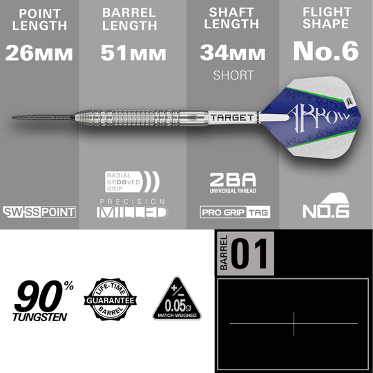 Freccette Target Shane McGuirk GEN1 Swiss Point Steel - 23 g Das Bild zeigt den Target Shane McGuirk GEN1 Swiss Point Steeldart mit einem Gewicht von 23g. Die wichtigsten Maße sind: Spitzenlänge 26mm, Barrellänge 51mm, Schaftlänge 34mm (kurz) und Flightform No.6.