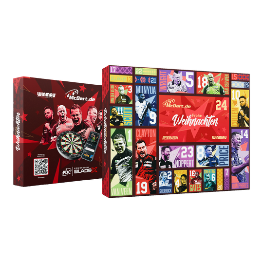 Calendario dell'Avvento 2026 con freccette in acciaio McDart Hier ist der McDart Steel-Darts Adventskalender 2026 abgebildet. Die Verpackung hebt das Adventskalender-Design für Darts-Spieler hervor.