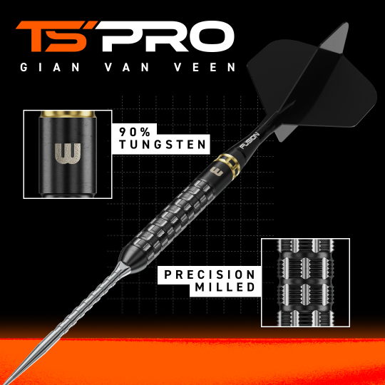 Abgebildet sind Winmau Gian Van Veen TS-PRO Switch Point Steeldarts. Die Darts sind aus leicht glänzendem Material mit auffälligen Details.
