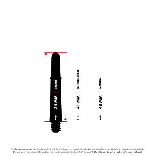 Aste Target Pro Grip Vision - 3 set - Nero Das Bild zeigt einen kurzen Target Pro Grip Vision Shaft mit einer Länge von 34 mm. Rechts daneben sind die Größen "Intermediate" (41 mm) und "Medium" (48 mm) als Vergleich dargestellt.