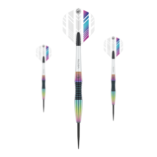 Freccette in acciaio Winmau Elektra Das Bild zeigt drei Winmau Elektra Steeldarts mit weißen Flights und bunten, metallischen Schäften. Die Darts sind modern gestaltet und haben schwarze Spitzen.